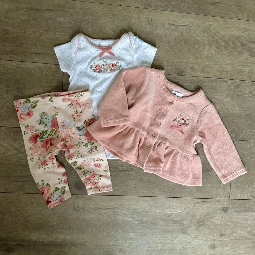 Laura Ashley Floral 3 Pc Matching Outfit Set 0-3M Infant Baby Girl